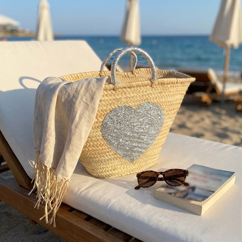 Sequin Heart Straw Market Basket - Handmade Boho Beach Tote Bag