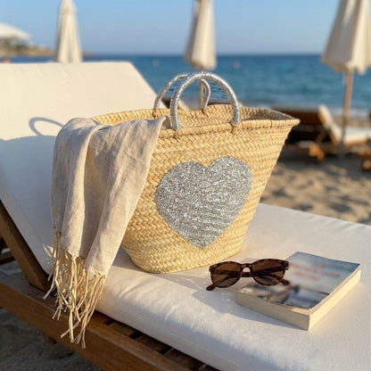 Sequin Heart Straw Market Basket - Handmade Boho Beach Tote Bag