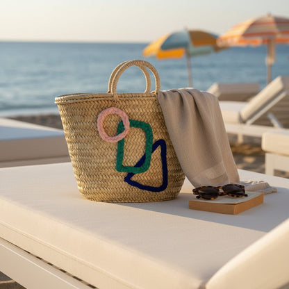 Woven Straw Beach Tote Bag with Geometric Embroidery