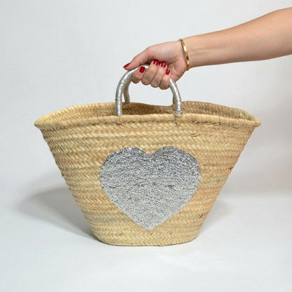 Sequin Heart Straw Market Basket - Handmade Boho Beach Tote Bag