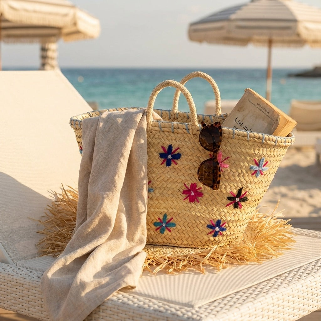 Floral Embroidered Straw Market Basket - Boho Woven Tote Bag