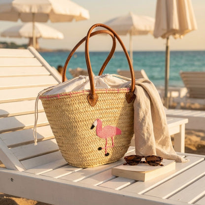 Embroidered Flamingo Straw Tote Bag Woven Summer Beach Basket