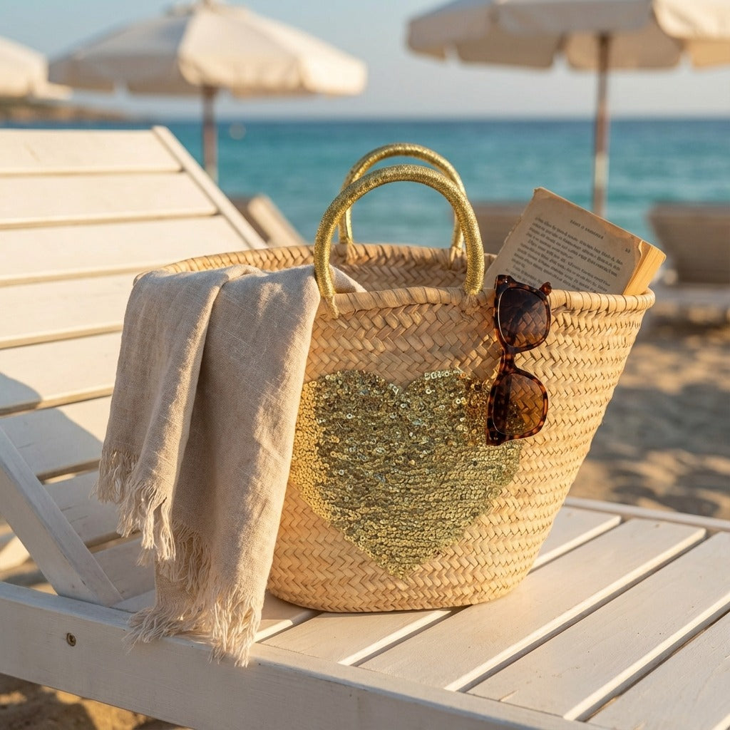 Sequin Heart Straw Market Basket - Handmade Boho Beach Tote Bag