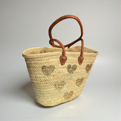 Gold Sequin Heart Straw Market Basket French Tote Bag