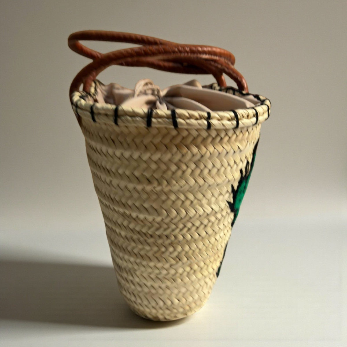 Woven Straw Cactus Tote Bag Market Basket Leather Handles