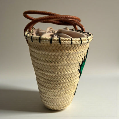 Woven Straw Cactus Tote Bag Market Basket Leather Handles