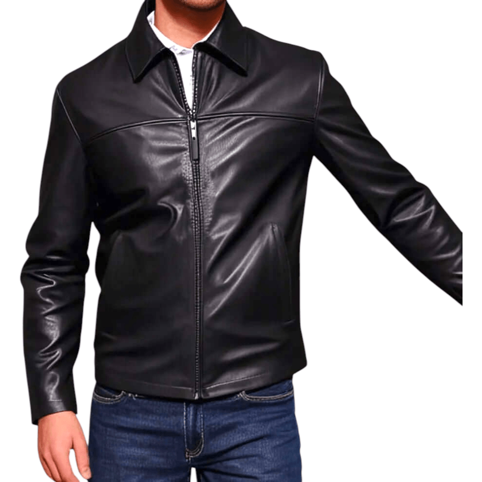Men's Black Leather Jacket – Casual Zip-Up Cowhide Jacket