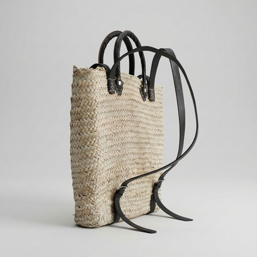 Woven Straw Backpack with Leather Straps - Handmade Market Tote
