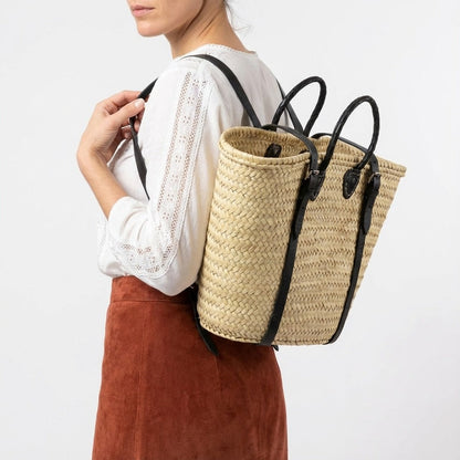 French Market Backpack Woven Straw Basket with Leather Straps
