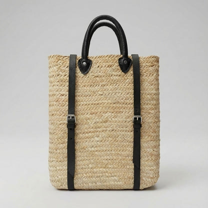 Woven Straw Backpack with Leather Straps - Handmade Market Tote
