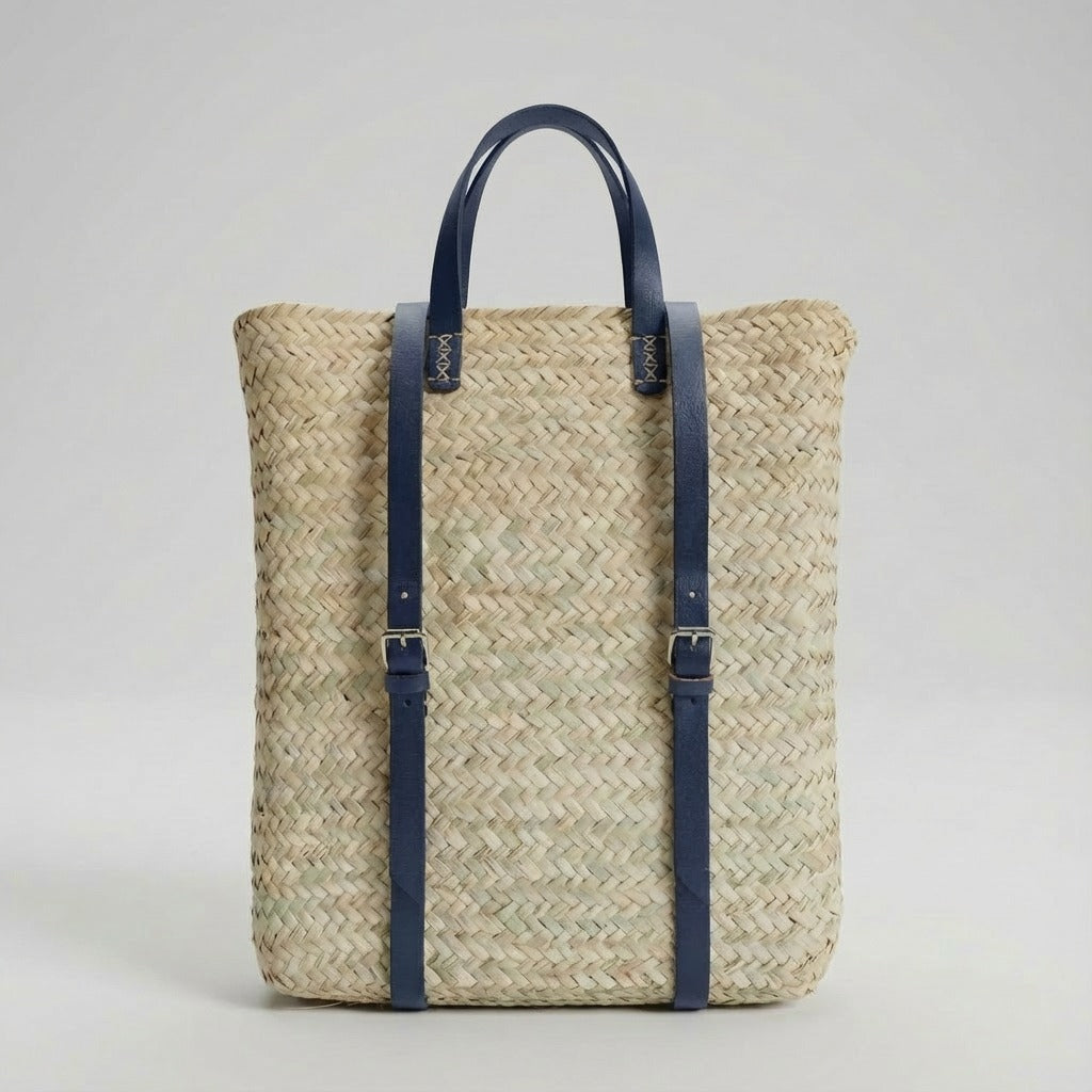 Handmade Straw Backpack with Leather Straps Woven Market Bag