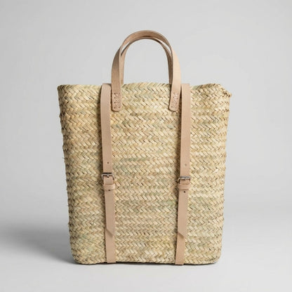 Handmade Straw Backpack with Leather Straps Woven Market Bag