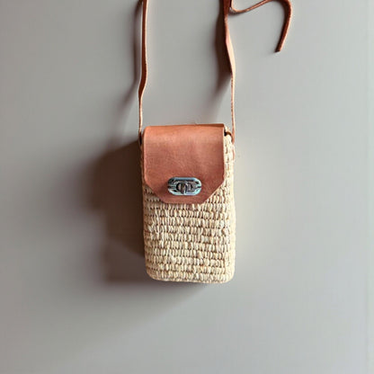 Woven Raffia Phone Bag Crossbody with Leather Flap