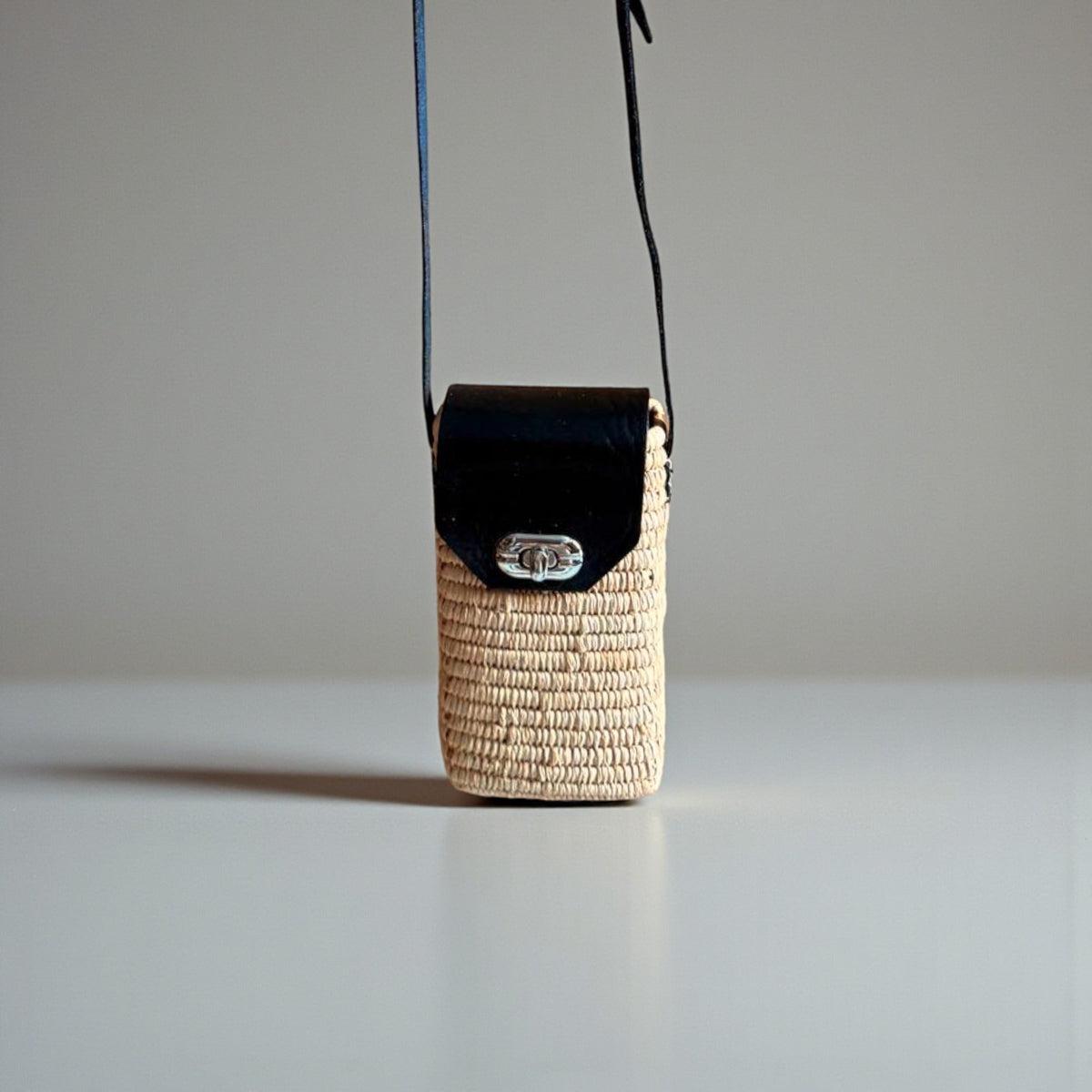 Woven Raffia Phone Bag Crossbody with Leather Flap
