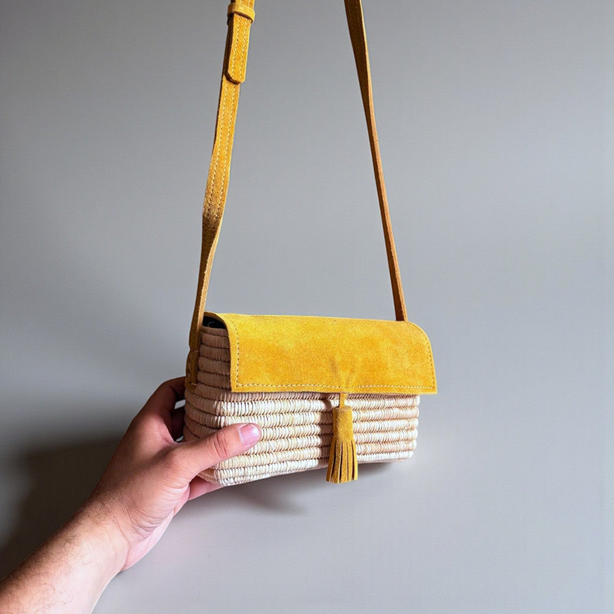 Mustard Suede & Raffia Crossbody Bag - Boho Woven Shoulder Purse