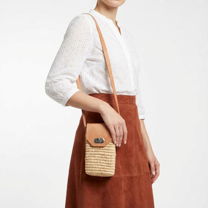 Woven Raffia Phone Bag Crossbody with Leather Flap
