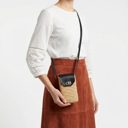 Woven Raffia Phone Bag Crossbody with Leather Flap