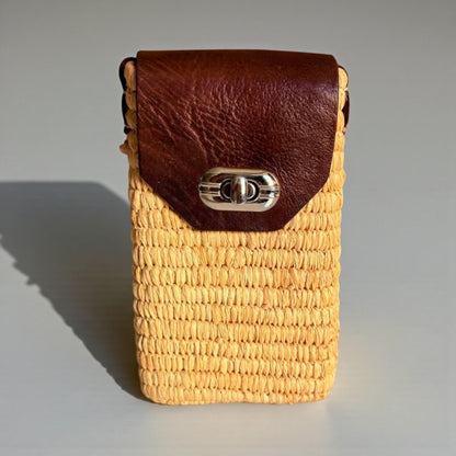 Woven Raffia Phone Bag Crossbody with Leather Flap
