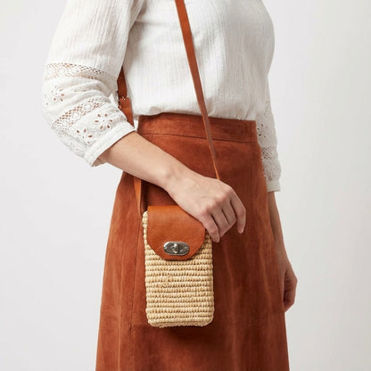 Woven Raffia Phone Bag Crossbody with Leather Flap