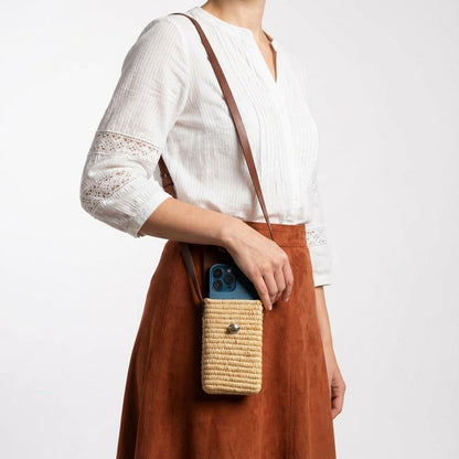 Woven Raffia Phone Bag Crossbody with Leather Flap