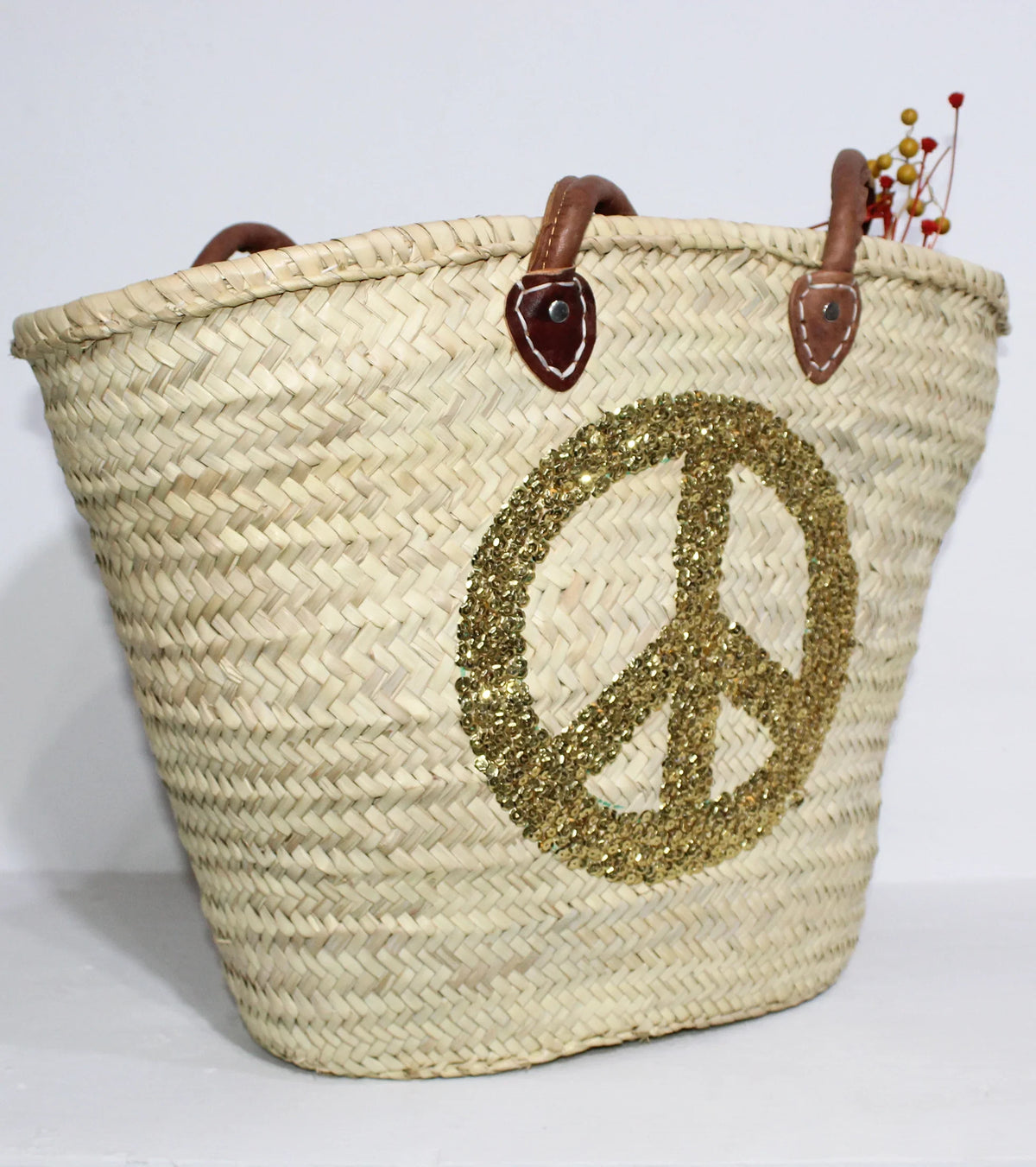 Sequin Peace Sign Straw Tote - Boho Market Basket with Leather Handles