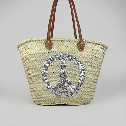 Sequin Peace Sign Straw Tote - Boho Market Basket with Leather Handles