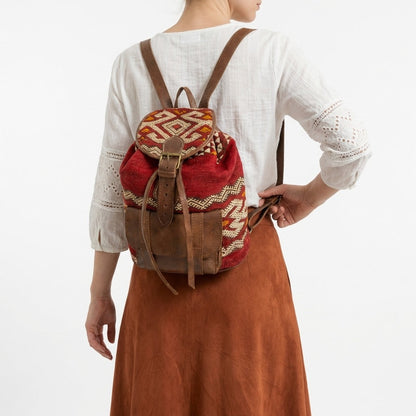 Kilim Leather Backpack, Boho Tribal Rucksack, Vintage Style Bag