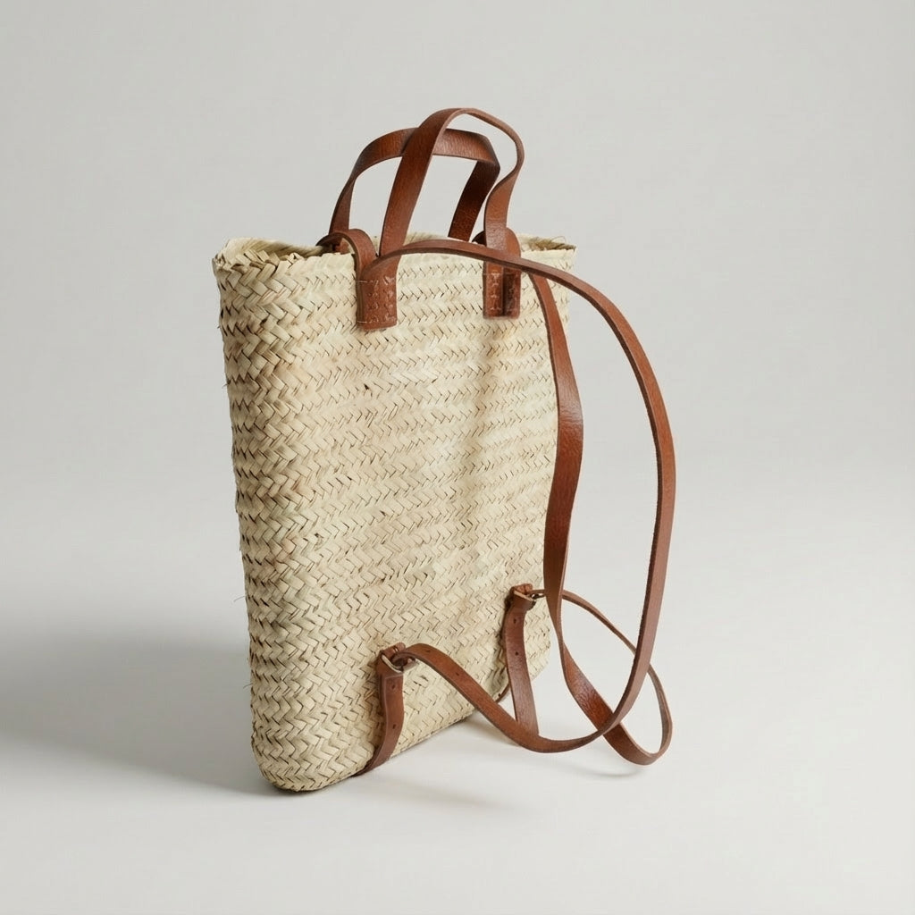 Handmade Straw Backpack with Leather Straps Woven Market Bag