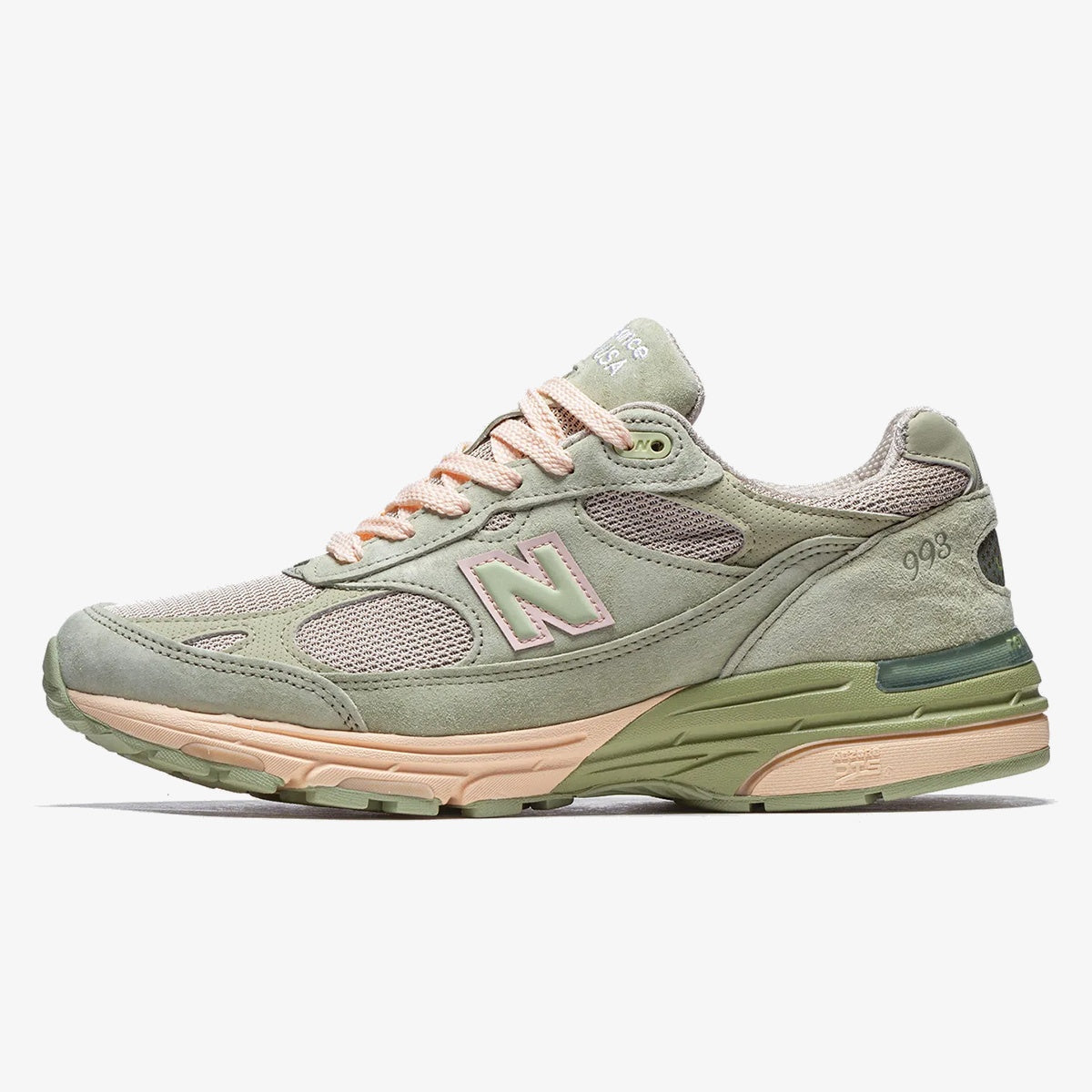 jfg sage - Sage JFG sneaker with grey mesh, muted green suede overlays, and rose accents