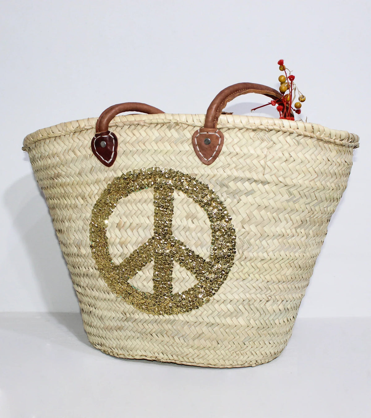 Sequin Peace Sign Straw Tote - Boho Market Basket with Leather Handles