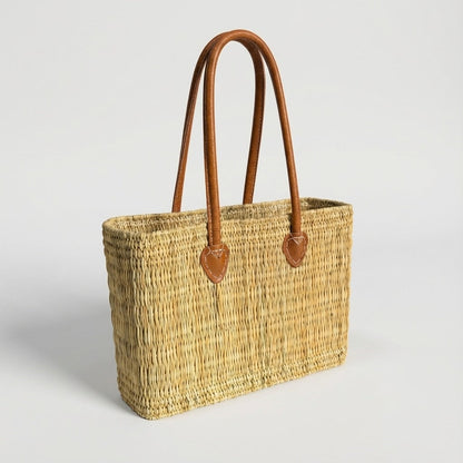 Rectangular Straw Market Bag with Leather Handles - Woven Beach Tote