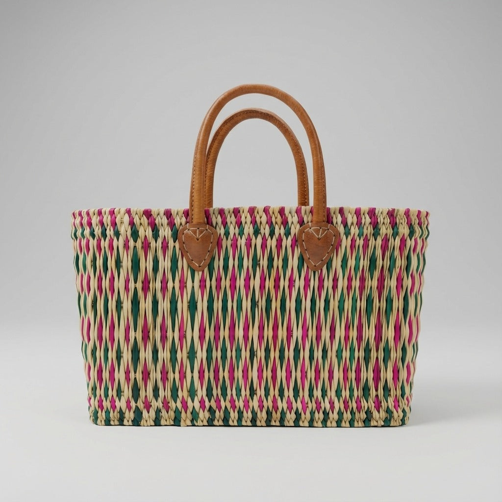 Handmade Reed Market Basket Tote with Leather Handles