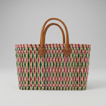 Handmade Reed Market Basket Tote with Leather Handles