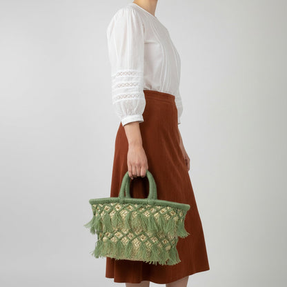 Woven Straw Tote Bag Macrame Fringe Boho Beach Basket