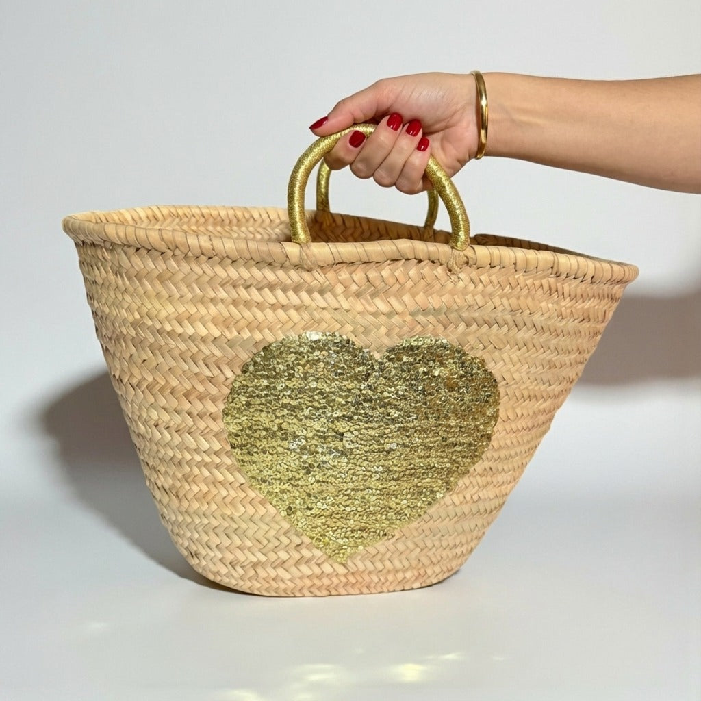Sequin Heart Straw Market Basket - Handmade Boho Beach Tote Bag