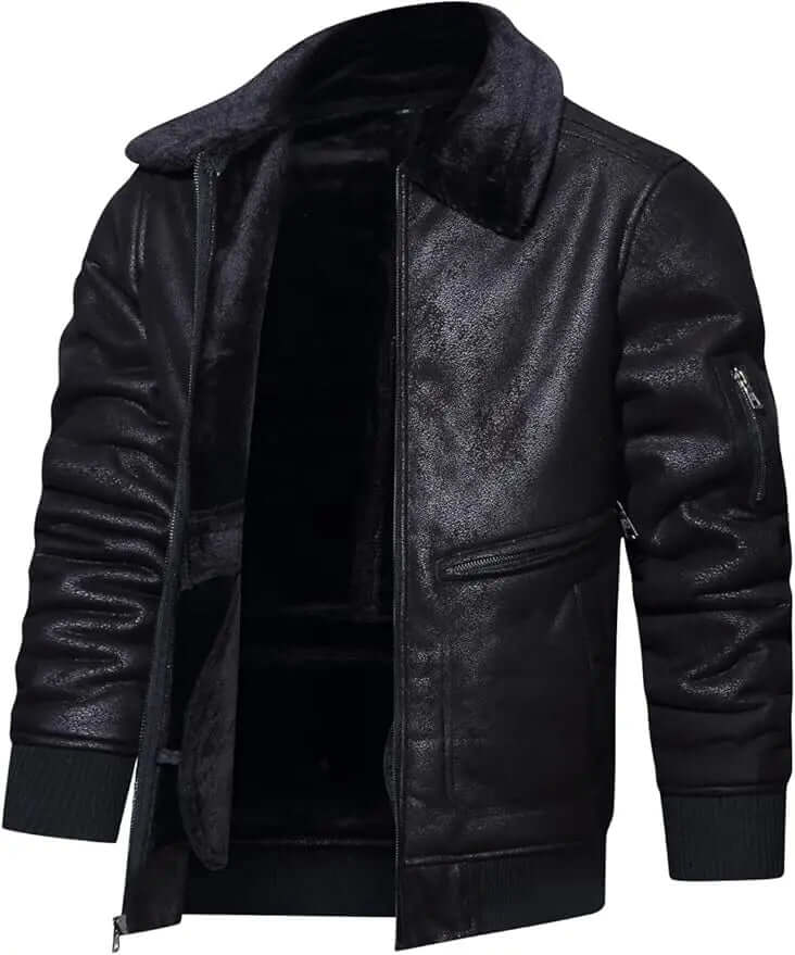 Men's Faux Leather Winter Jacket – Faux Fur Collar Bomber