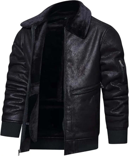 Men's Faux Leather Winter Jacket – Faux Fur Collar Bomber