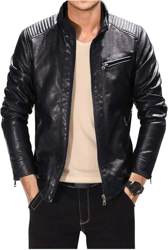 Men's Faux Leather Bomber Jacket – Lightweight Stand Collar
