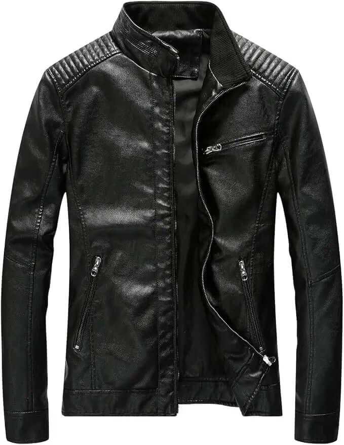Men's Faux Leather Bomber Jacket – Lightweight Stand Collar
