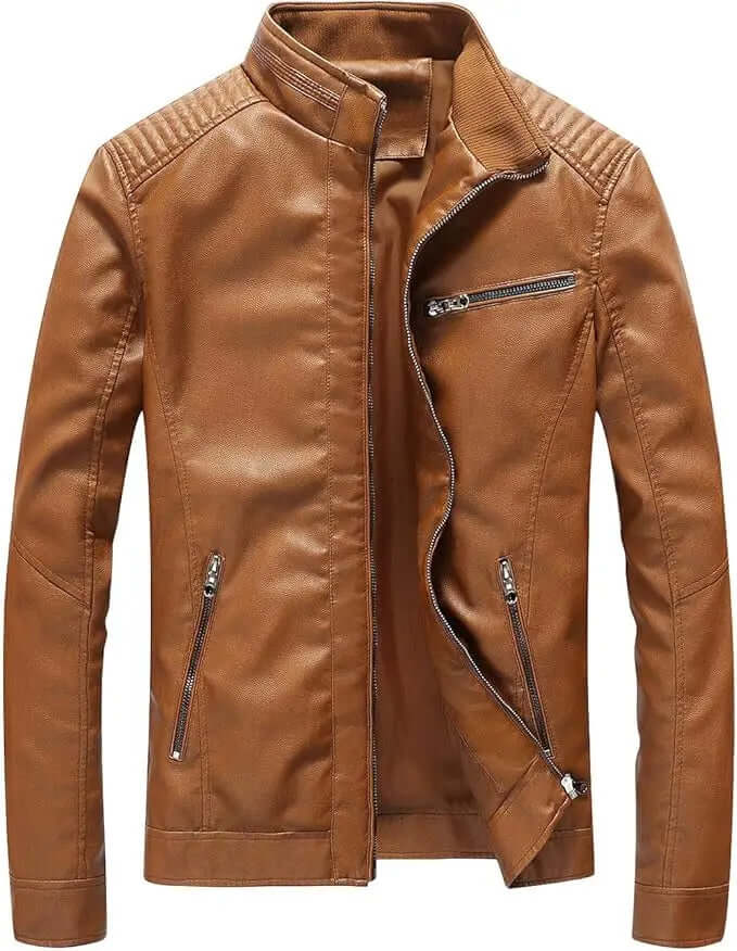 Men's Faux Leather Bomber Jacket – Stand Collar