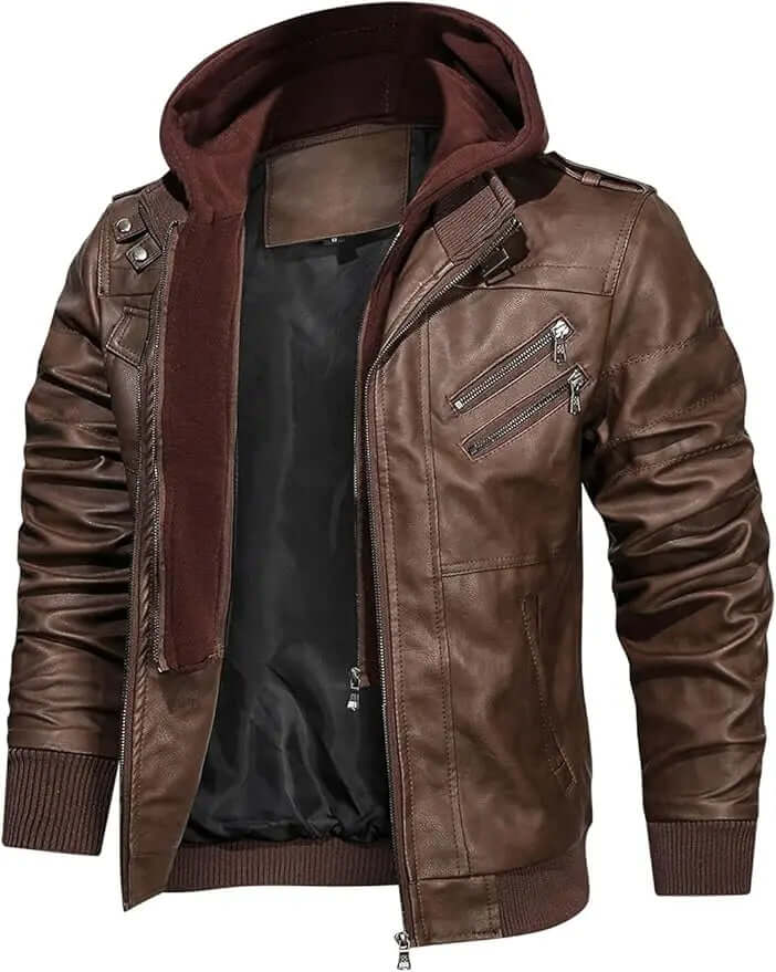 Men's Faux Leather Bomber Jacket – Removable Hood, Zip Front