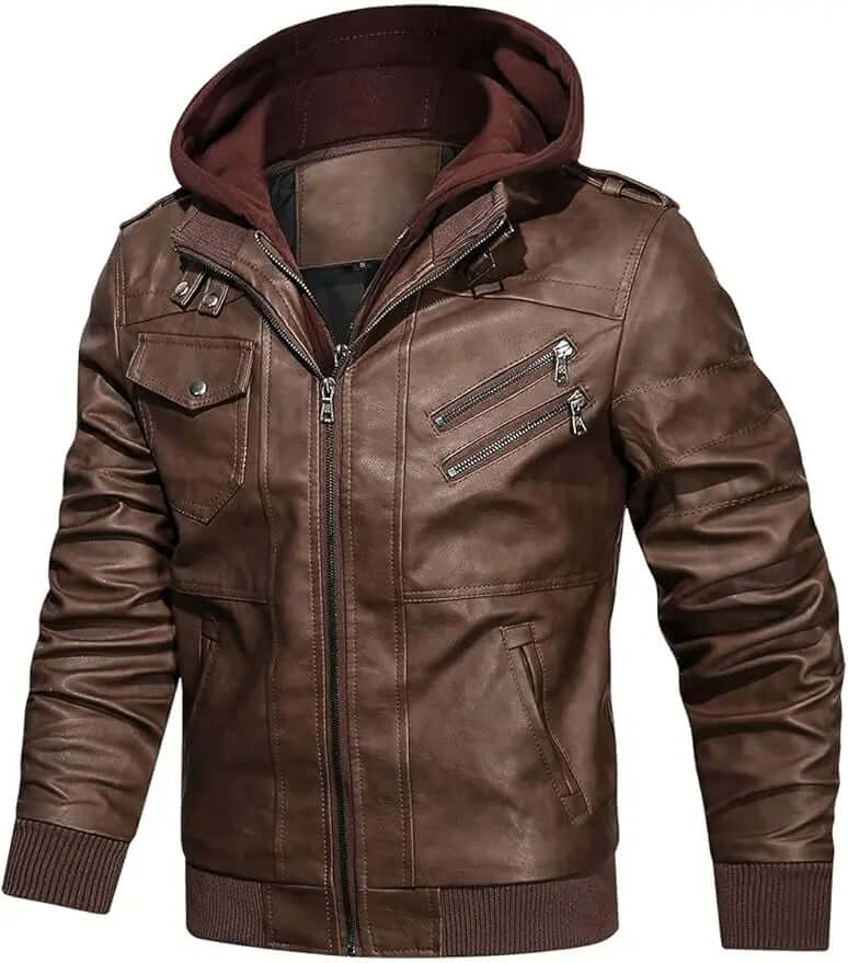 Men's Faux Leather Bomber Jacket – Removable Hood, Zip Front