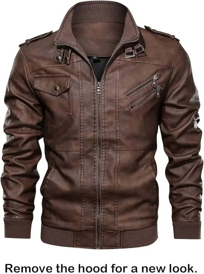Men's Faux Leather Bomber Jacket – Removable Hood, Zip Front