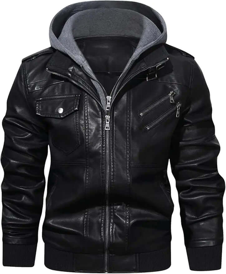 Men's Faux Leather Bomber Jacket – Removable Hood