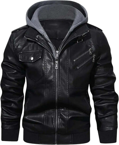 Men's Faux Leather Bomber Jacket – Removable Hood