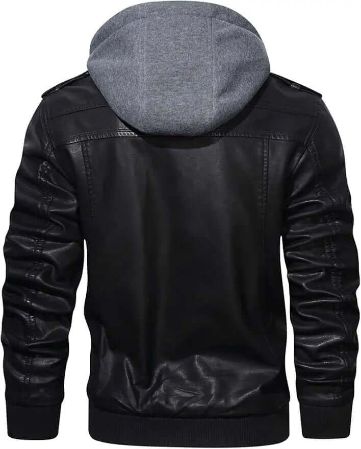 Men's Faux Leather Bomber Jacket – Removable Hood