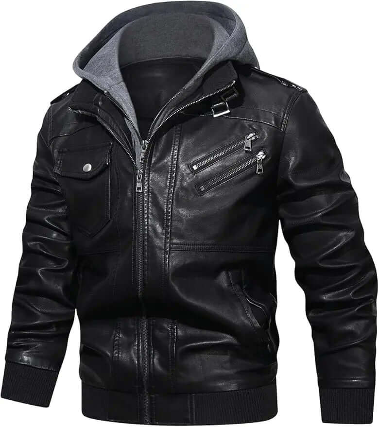 Men's Faux Leather Bomber Jacket – Removable Hood