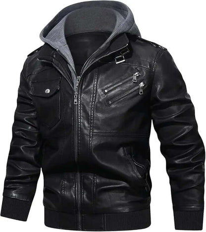Men's Faux Leather Bomber Jacket – Removable Hood
