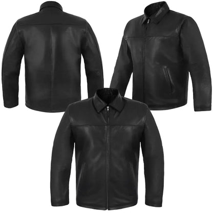 Men's Black Leather Jacket – Casual Zip-Up Cowhide Jacket