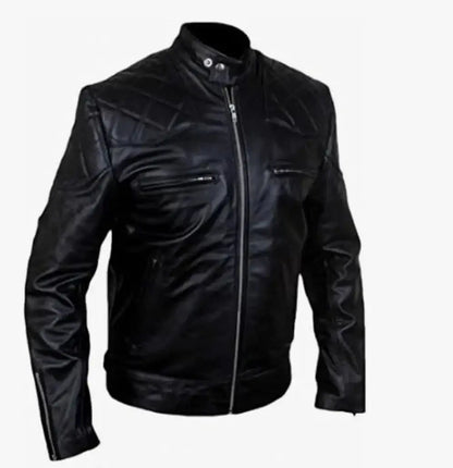 Men's Black Leather Biker Jacket – Zip Chest Pockets